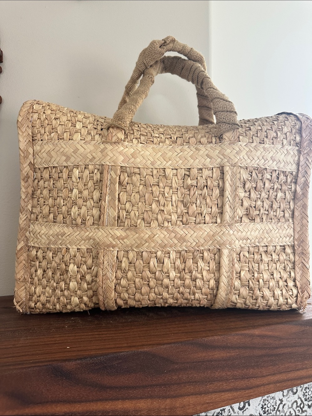 Vintage 60s 70s Mexican Hand Woven Straw Tote Bag Yarn Embroidered Boho - Picture 3 of 12